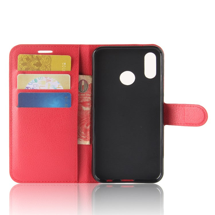 Litchi Texture Wallet Stand Leather Phone Accessory Case for Huawei P20 Lite / Nova 3e - Red