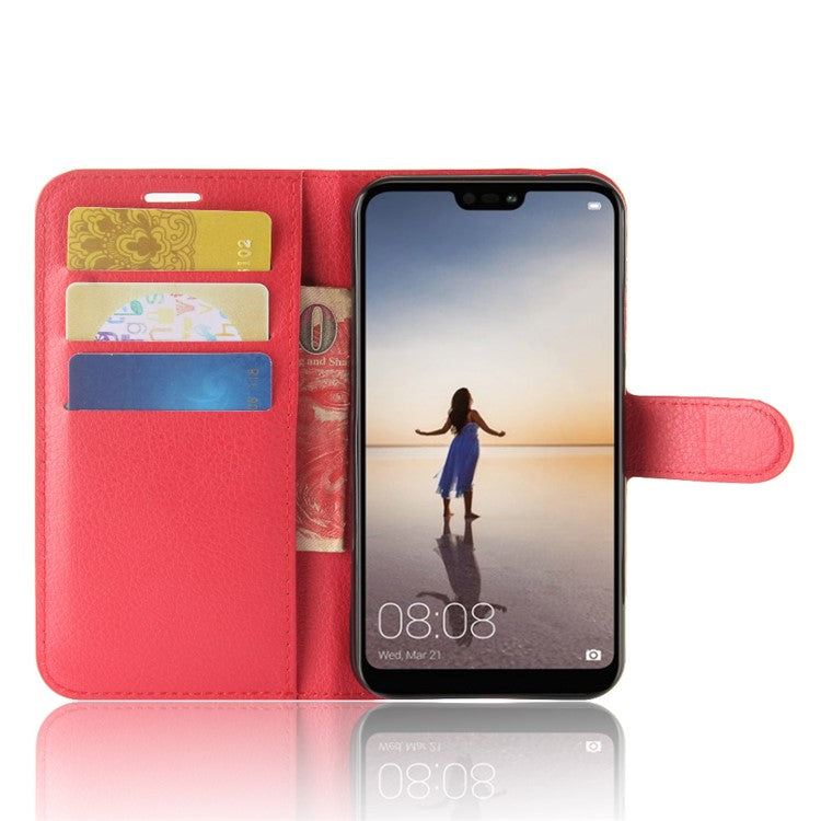 Litchi Texture Wallet Stand Leather Phone Accessory Case for Huawei P20 Lite / Nova 3e - Red