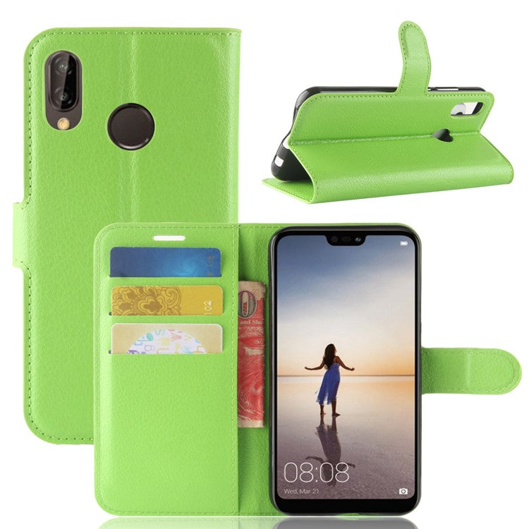 Litchi Texture Wallet Stand Leather Phone Accessory Case for Huawei P20 Lite / Nova 3e - Green