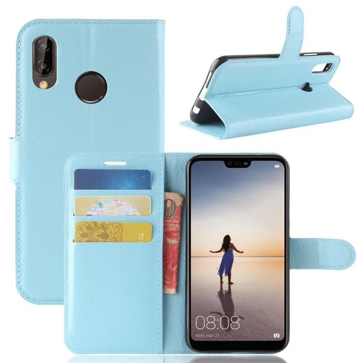 Litchi Texture Wallet Stand Leather Phone Accessory Case for Huawei P20 Lite / Nova 3e - Blue