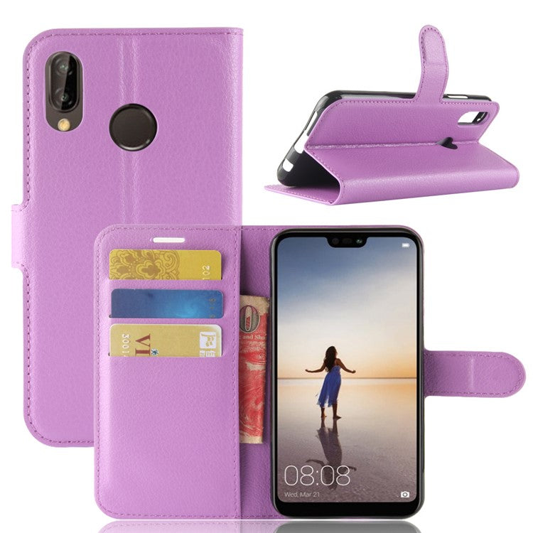 Litchi Texture Wallet Stand Leather Phone Accessory Case for Huawei P20 Lite / Nova 3e - Purple