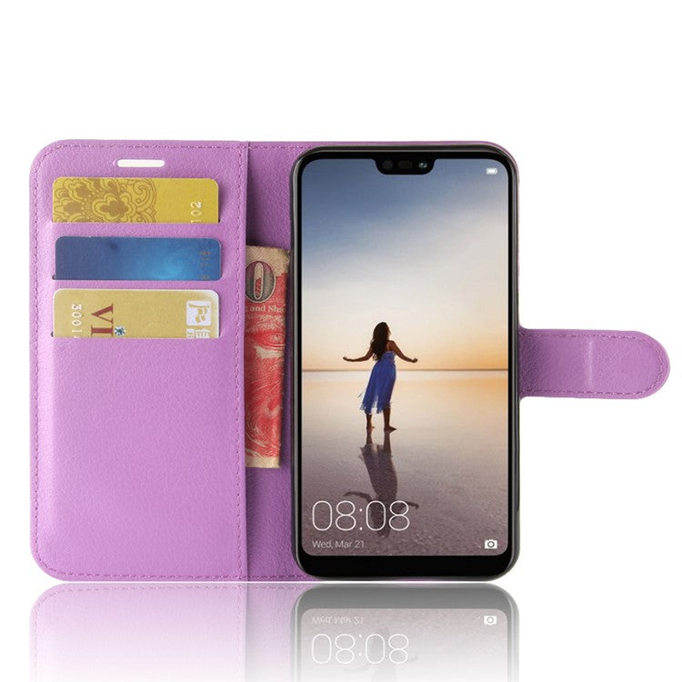 Litchi Texture Wallet Stand Leather Phone Accessory Case for Huawei P20 Lite / Nova 3e - Purple
