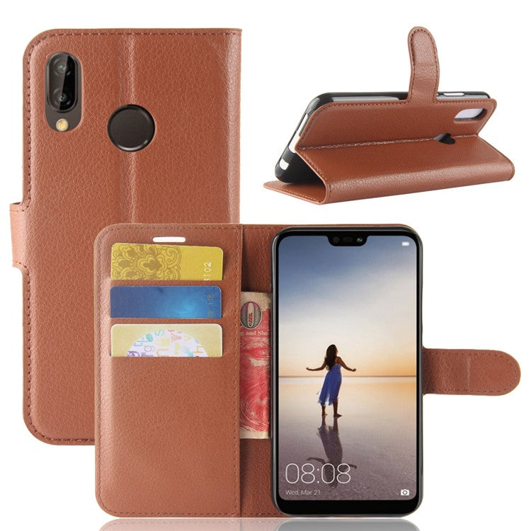 Litchi Texture Wallet Stand Leather Phone Accessory Case for Huawei P20 Lite / Nova 3e - Brown