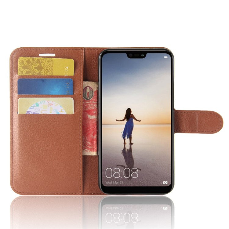 Litchi Texture Wallet Stand Leather Phone Accessory Case for Huawei P20 Lite / Nova 3e - Brown