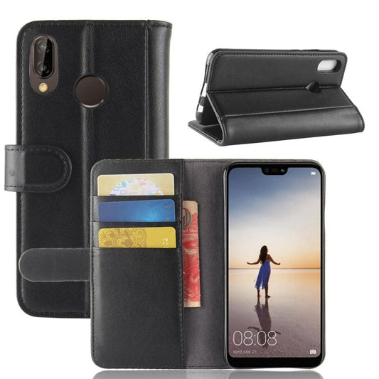 Genuine Split Leather Wallet Stand Case for Huawei P20 Lite / Nova 3e - Black
