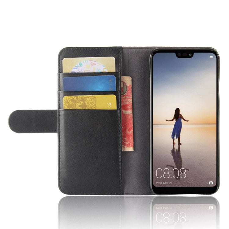 Genuine Split Leather Wallet Stand Case for Huawei P20 Lite / Nova 3e - Black