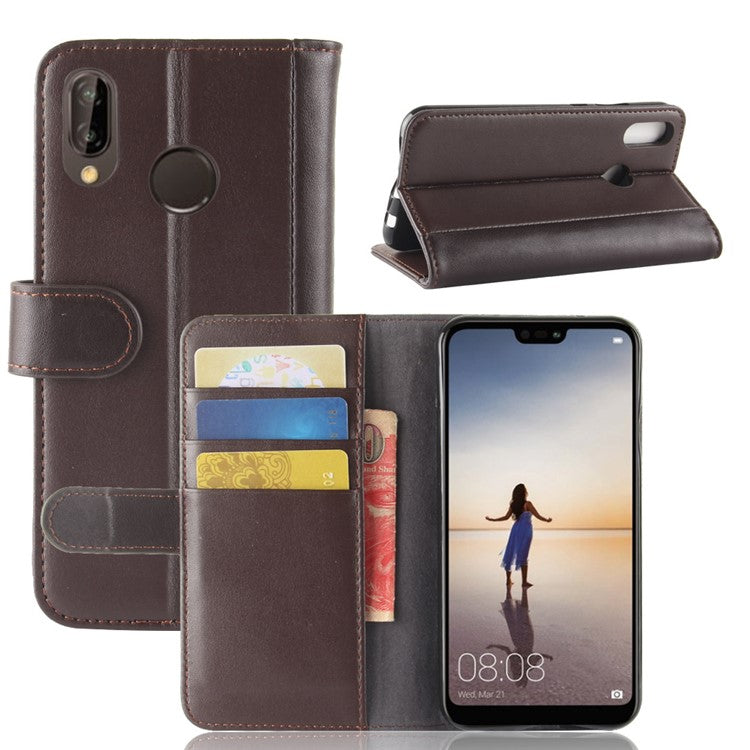 Genuine Split Leather Wallet Stand Cover for Huawei P20 Lite / Nova 3e - Brown