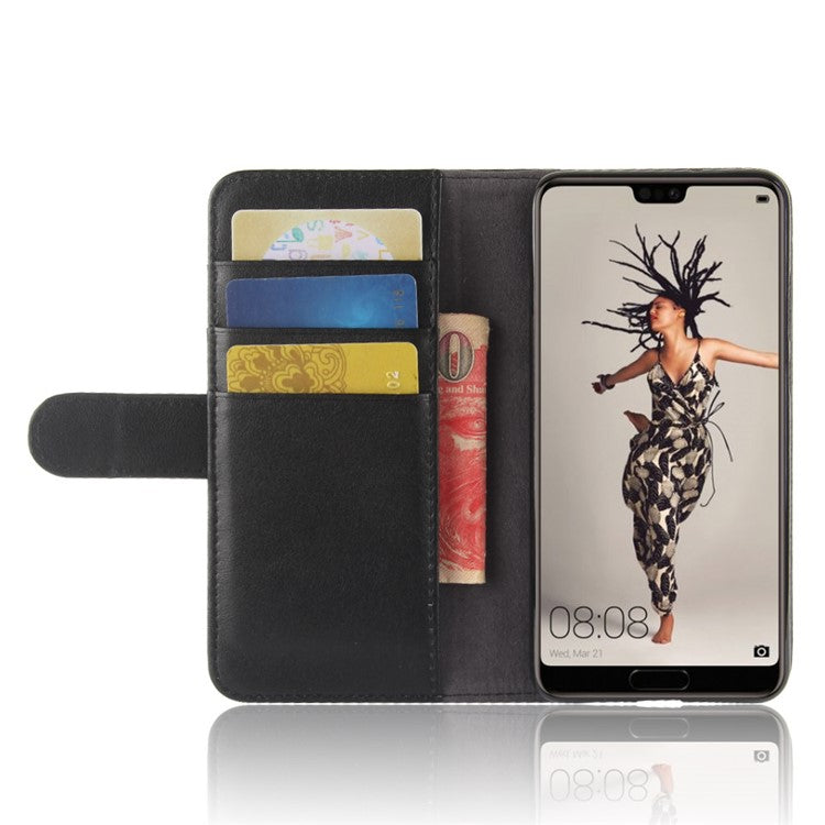 Genuine Split Leather Wallet Stand Case for Huawei P20 - Black