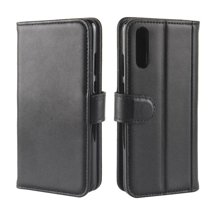 Genuine Split Leather Wallet Stand Case for Huawei P20 - Black