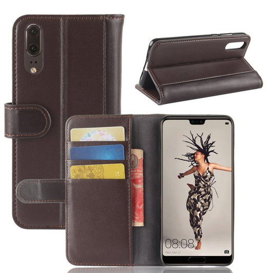 Genuine Split Leather Wallet Stand Shell Case for Huawei P20 - Brown