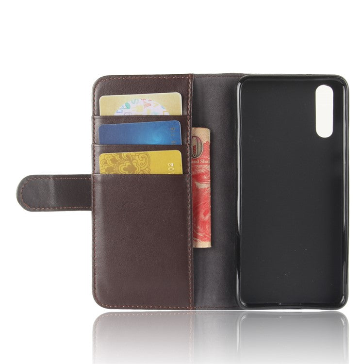 Genuine Split Leather Wallet Stand Shell Case for Huawei P20 - Brown