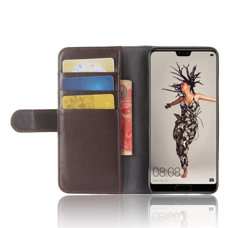Genuine Split Leather Wallet Stand Shell Case for Huawei P20 - Brown