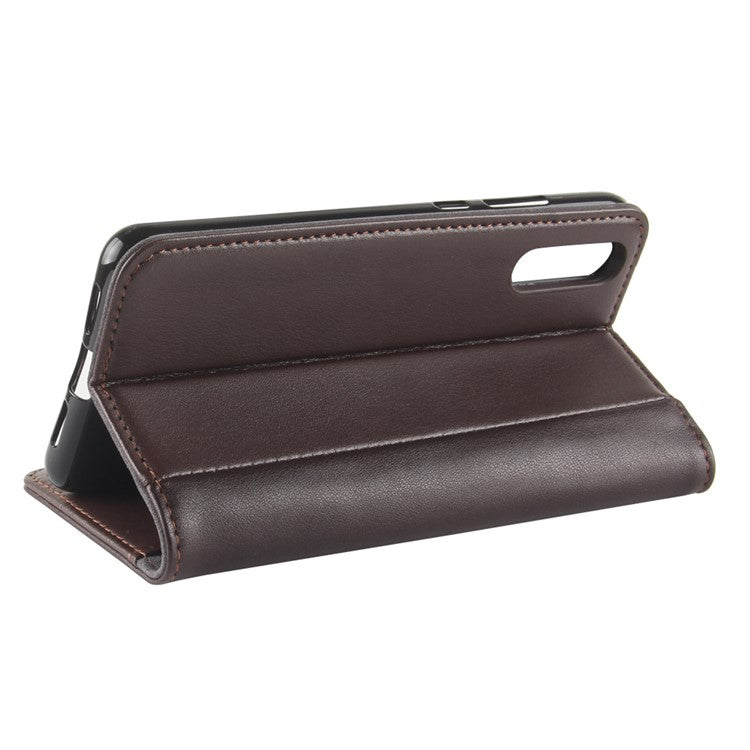 Genuine Split Leather Wallet Stand Shell Case for Huawei P20 - Brown