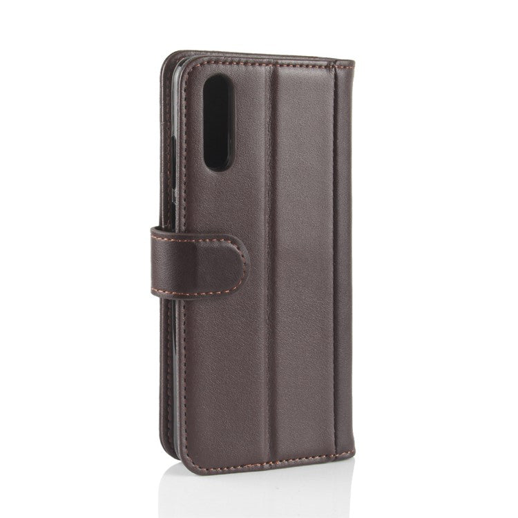 Genuine Split Leather Wallet Stand Shell Case for Huawei P20 - Brown