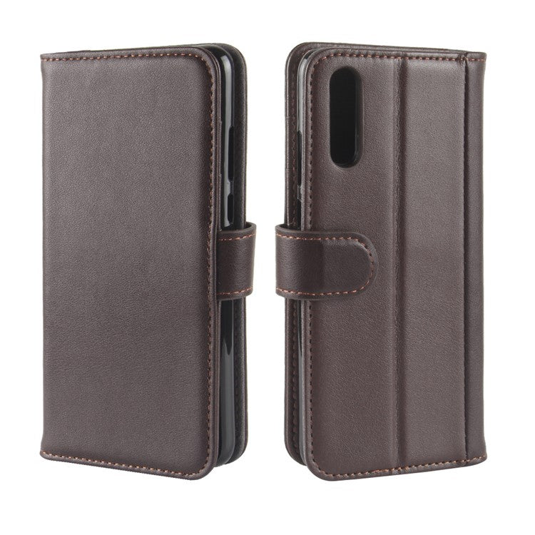 Genuine Split Leather Wallet Stand Shell Case for Huawei P20 - Brown