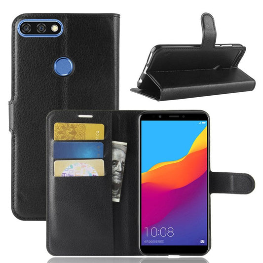Litchi Skin Wallet Leather Stand Case for Huawei Y7 Prime (2018) / Honor 7C / Enjoy 8 - Black