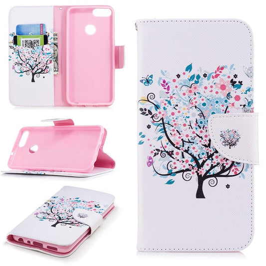 Pattern Printing PU Leather Wallet Stand Cover for Huawei P Smart/Enjoy 7S - Floret Tree
