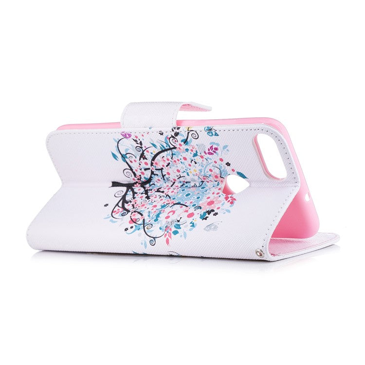 Pattern Printing PU Leather Wallet Stand Cover for Huawei P Smart/Enjoy 7S - Floret Tree