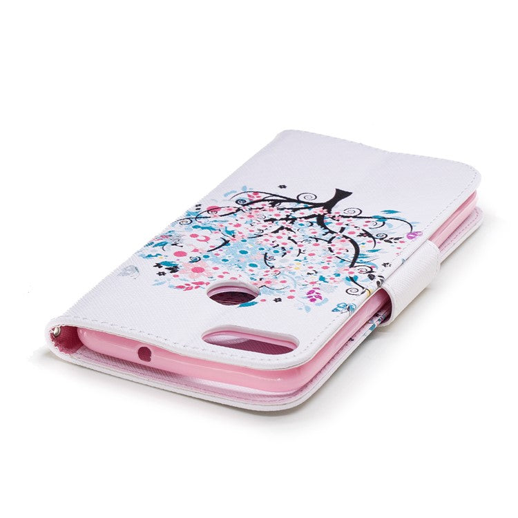 Pattern Printing PU Leather Wallet Stand Cover for Huawei P Smart/Enjoy 7S - Floret Tree