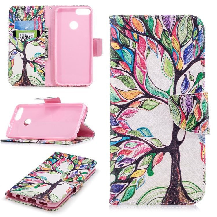 Pattern Printing PU Leather Wallet Stand Case for Huawei P Smart/Enjoy 7S - Colorized Tree