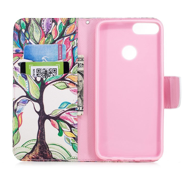 Pattern Printing PU Leather Wallet Stand Case for Huawei P Smart/Enjoy 7S - Colorized Tree