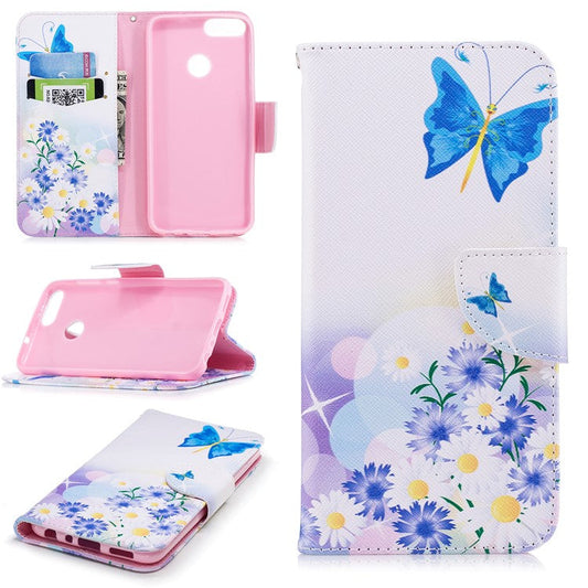 Pattern Printing PU Leather Wallet Stand Mobile Phone Case for Huawei P Smart/Enjoy 7S - Blue Butterfly and Flowers