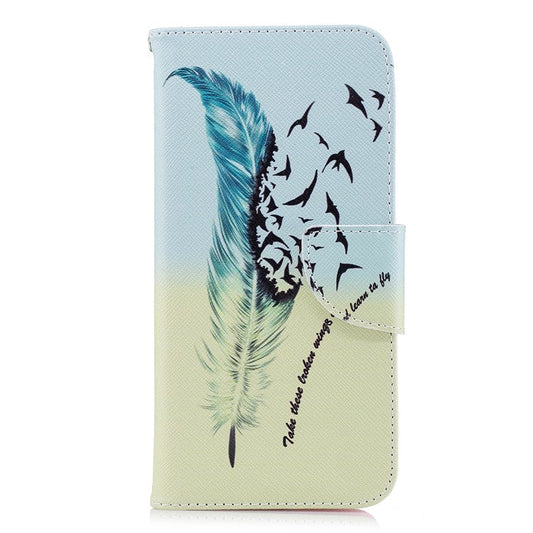 Pattern Printing PU Leather Wallet Stand Mobile Phone Shell for Huawei P Smart/Enjoy 7S - Quill Pen and Birds