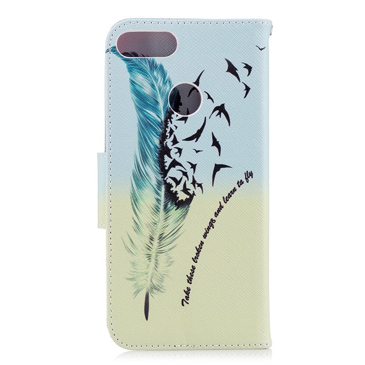 Pattern Printing PU Leather Wallet Stand Mobile Phone Shell for Huawei P Smart/Enjoy 7S - Quill Pen and Birds
