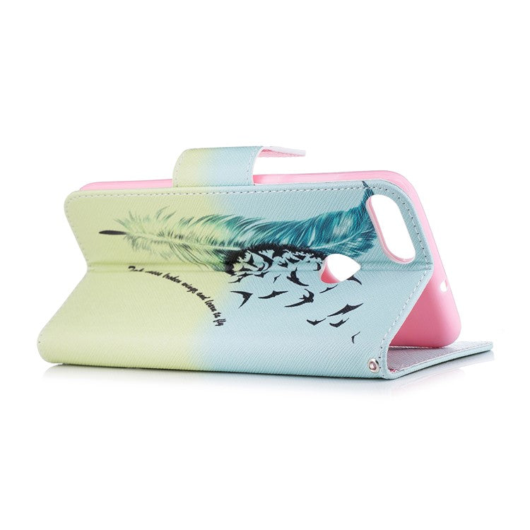 Pattern Printing PU Leather Wallet Stand Mobile Phone Shell for Huawei P Smart/Enjoy 7S - Quill Pen and Birds