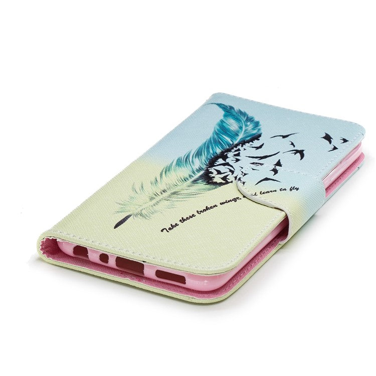 Pattern Printing PU Leather Wallet Stand Mobile Phone Shell for Huawei P Smart/Enjoy 7S - Quill Pen and Birds