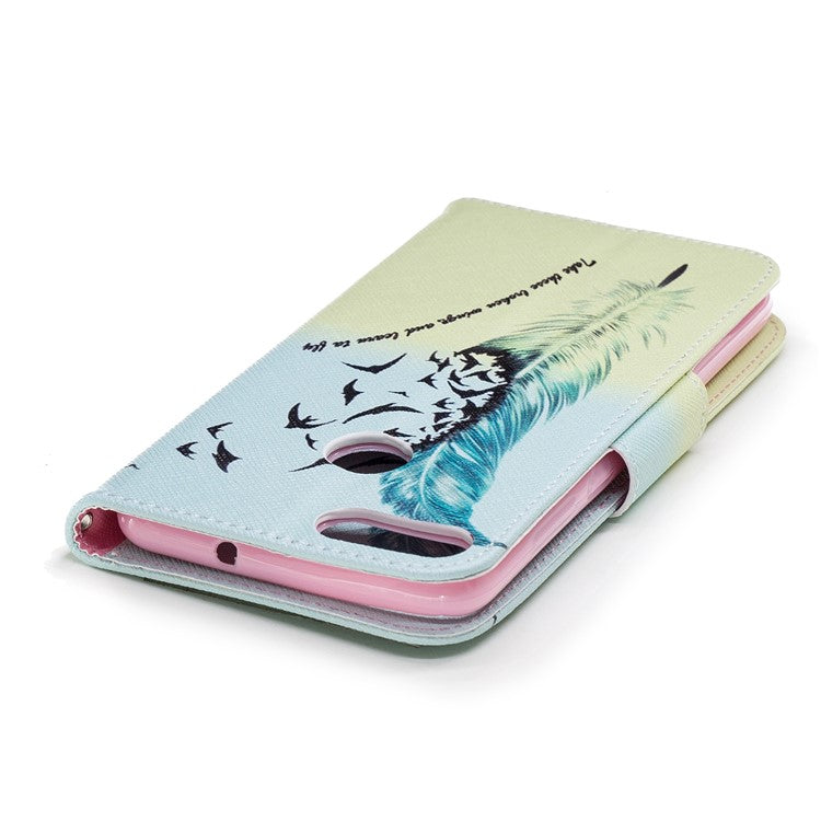 Pattern Printing PU Leather Wallet Stand Mobile Phone Shell for Huawei P Smart/Enjoy 7S - Quill Pen and Birds