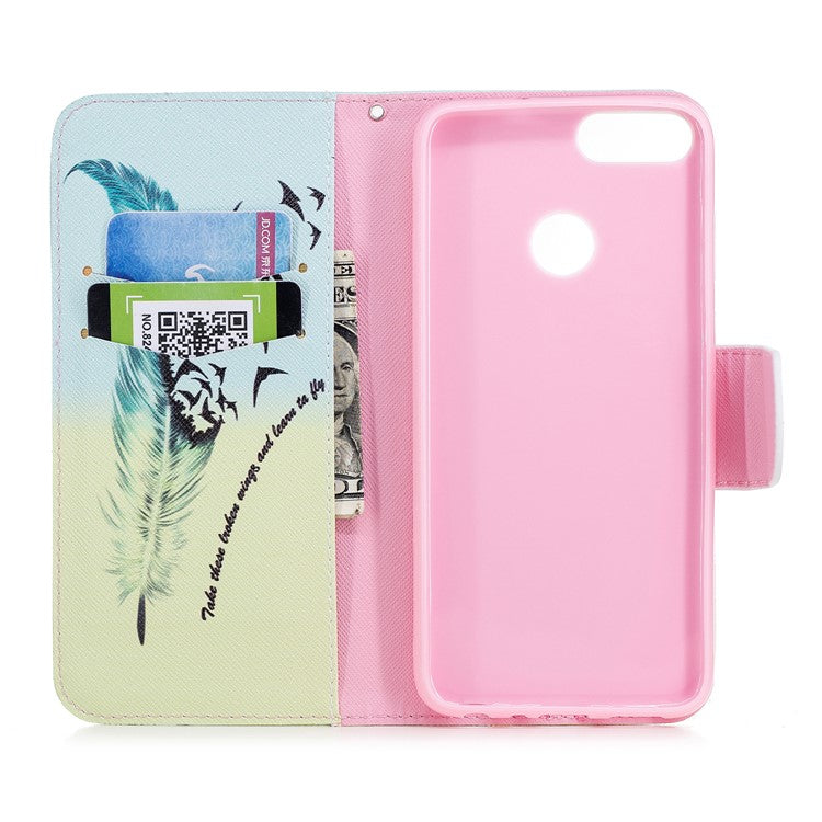 Pattern Printing PU Leather Wallet Stand Mobile Phone Shell for Huawei P Smart/Enjoy 7S - Quill Pen and Birds