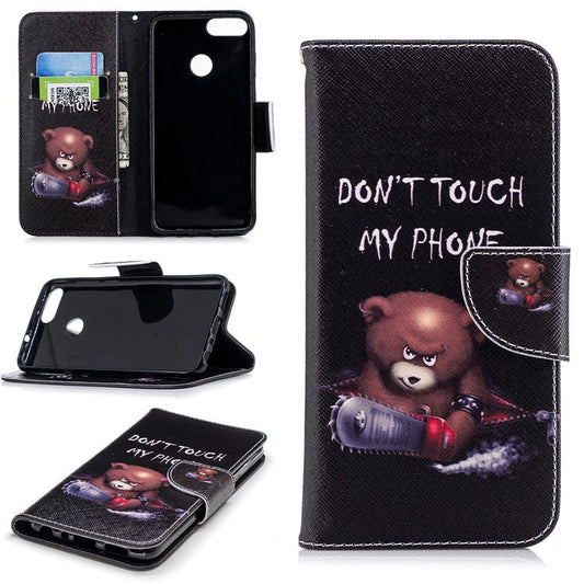 Pattern Printing PU Leather Wallet Stand Cell Phone Shell for Huawei P Smart/Enjoy 7S - Bear and Do not Touch My Phone