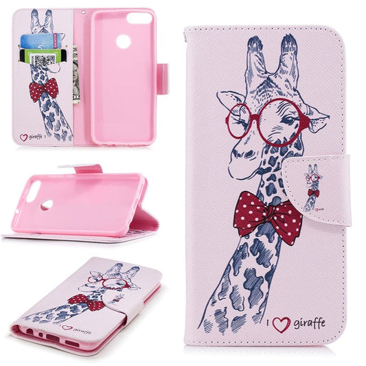 Pattern Printing PU Leather Wallet Stand Protective Shell for Huawei P Smart/Enjoy 7S - Giraffe Wearing Glasses