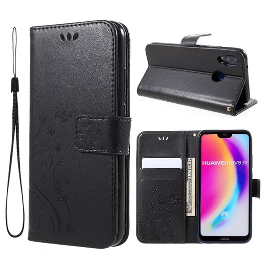 Imprint Flower Butterfly Pattern Wallet Leather Casing for Huawei P20 Lite/Nova 3e - Black