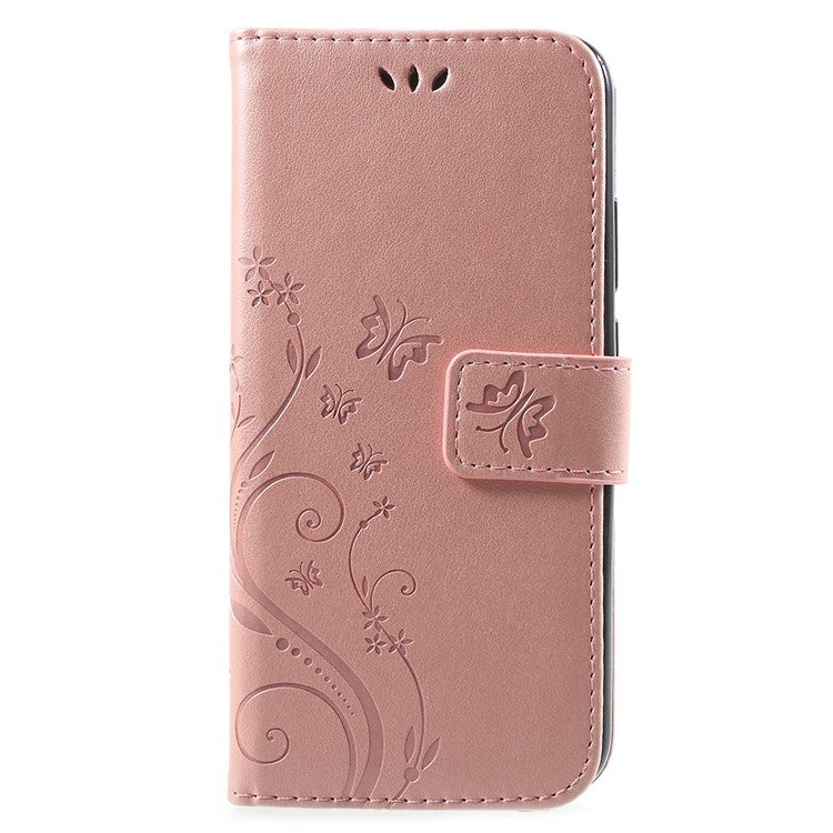Imprint Flower Butterfly Pattern Wallet Leather Mobile Phone Casing for Huawei P20 Lite/Nova 3e - Rose Gold