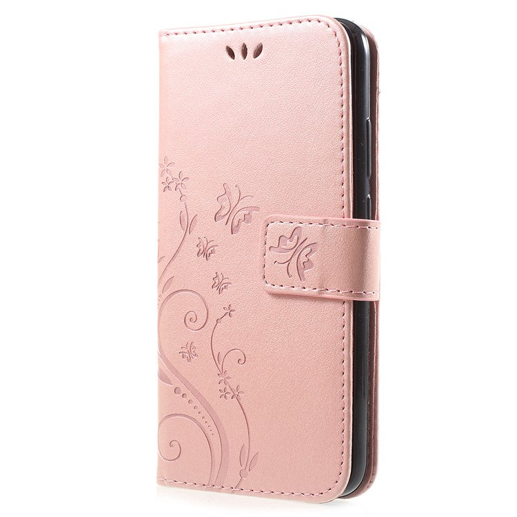 Imprint Flower Butterfly Pattern Wallet Leather Mobile Phone Casing for Huawei P20 Lite/Nova 3e - Rose Gold