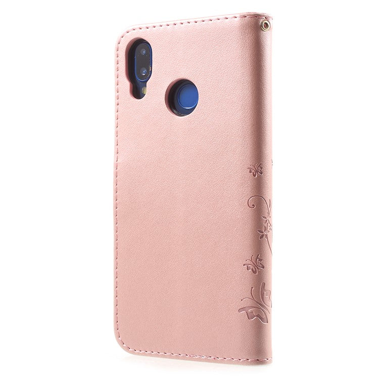 Imprint Flower Butterfly Pattern Wallet Leather Mobile Phone Casing for Huawei P20 Lite/Nova 3e - Rose Gold