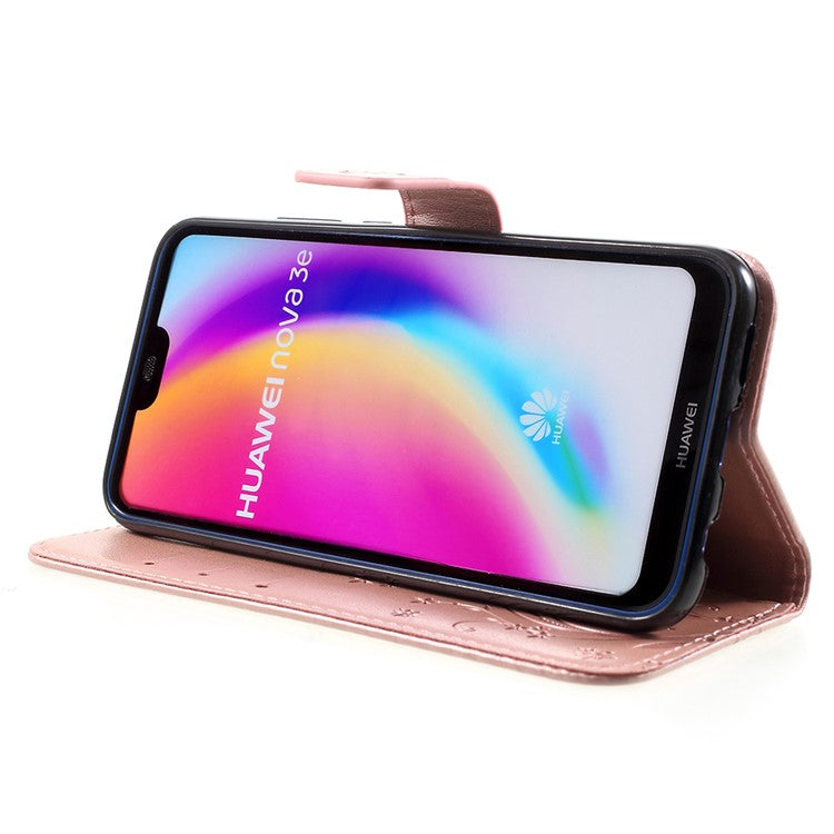 Imprint Flower Butterfly Pattern Wallet Leather Mobile Phone Casing for Huawei P20 Lite/Nova 3e - Rose Gold