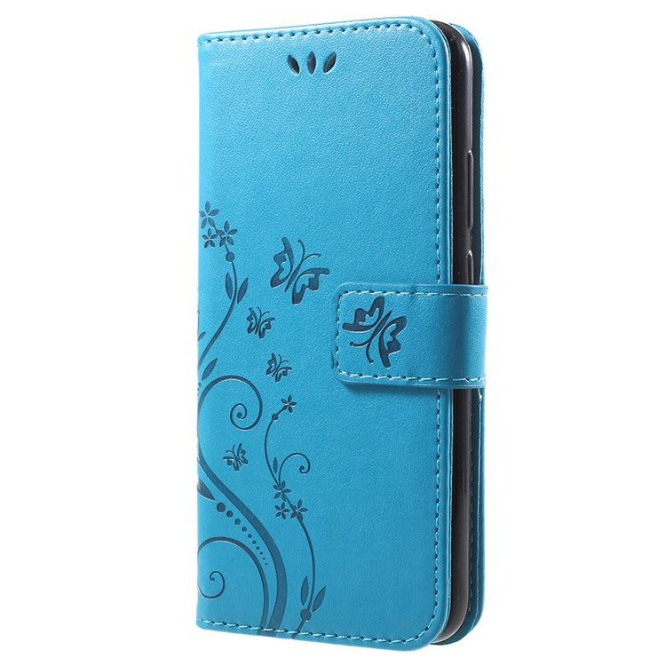Imprint Flower Butterfly Pattern Wallet Leather Protective Casing for Huawei P20 Lite/Nova 3e - Blue
