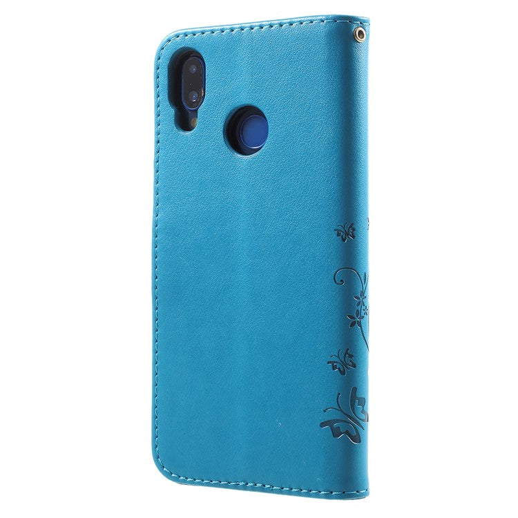 Imprint Flower Butterfly Pattern Wallet Leather Protective Casing for Huawei P20 Lite/Nova 3e - Blue