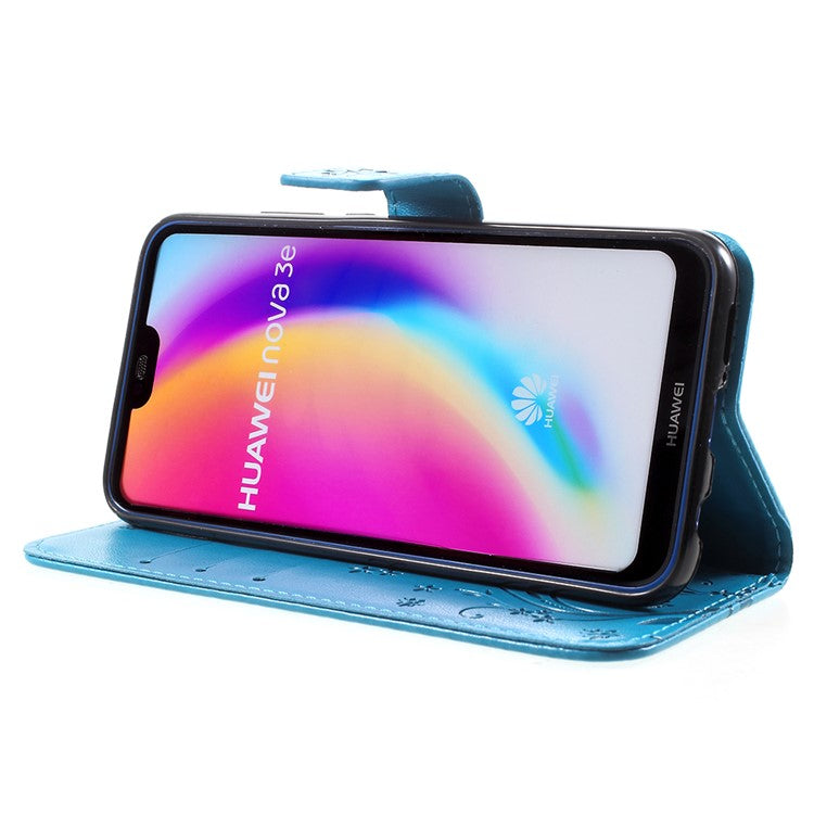 Imprint Flower Butterfly Pattern Wallet Leather Protective Casing for Huawei P20 Lite/Nova 3e - Blue
