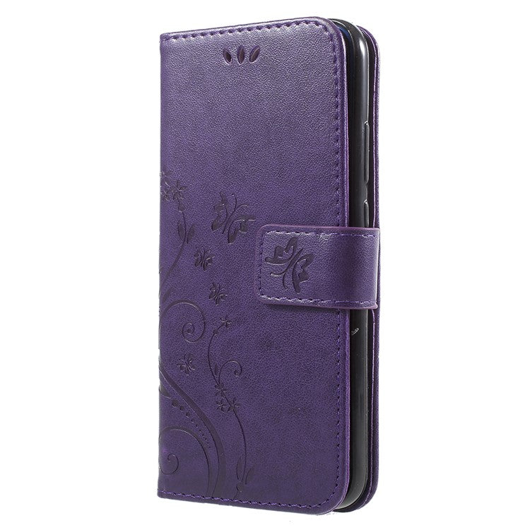 Imprint Flower Butterfly Pattern Wallet Leather Cell Phone Shell for Huawei P20 Lite/Nova 3e - Dark Purple