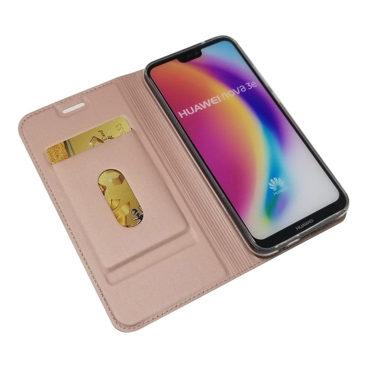 Auto-absorbed Stand Leather Card Holder Cellphone Case for Huawei P20 Lite / Nova 3e - Rose Gold
