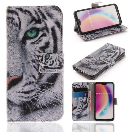 Patterned Wallet Stand PU Leather Case for Huawei P20 Lite / Nova 3e - Tiger with Green Eye