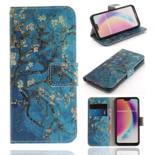 Patterned Wallet Stand PU Leather Flip Case for Huawei P20 Lite / Nova 3e - Almond Tree in Blossom