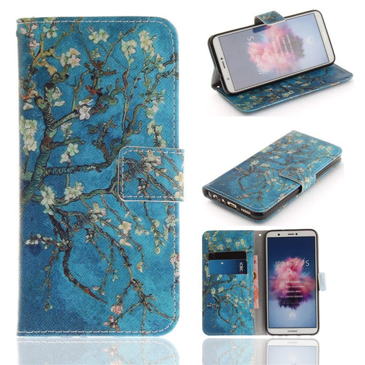 Patterned Wallet Stand PU Leather Shell for Huawei P Smart / Enjoy 7S - Almond Tree in Blossom