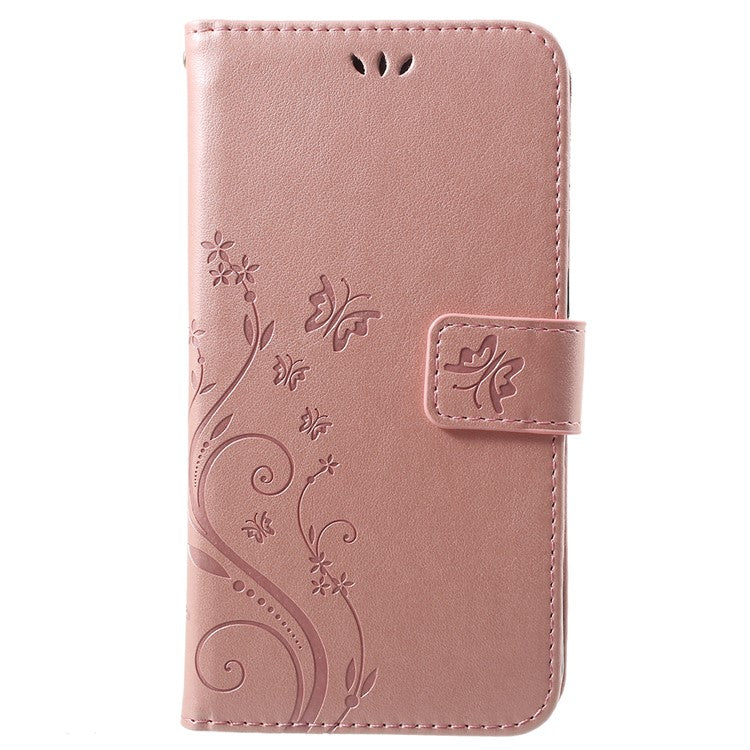 Imprint Butterfly Flower Leather Wallet Stand Flip Case for Huawei P Smart / Enjoy 7S - Rose Gold