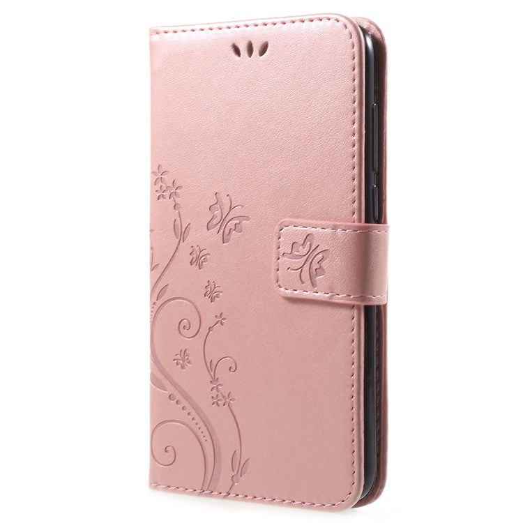 Imprint Butterfly Flower Leather Wallet Stand Flip Case for Huawei P Smart / Enjoy 7S - Rose Gold