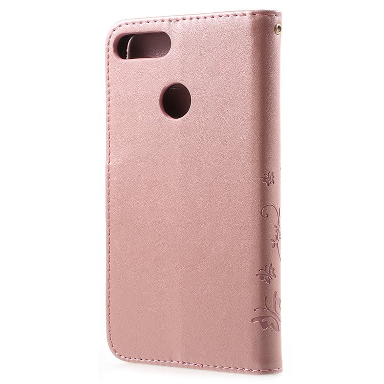 Imprint Butterfly Flower Leather Wallet Stand Flip Case for Huawei P Smart / Enjoy 7S - Rose Gold